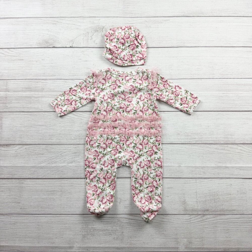 Nicole Miller NY Baby Footie Floral Rose Print Ruffle Sleeper Hat Set 3-6 Months - Picture 3 of 3